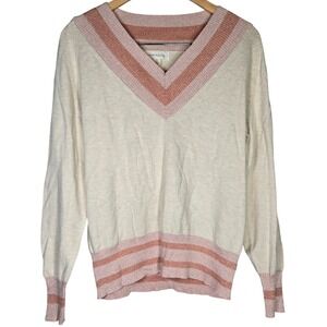 Treasure Bond Womens V Neck Sweater Medium Beige Pink Striped Sparkle‎ Knit Top